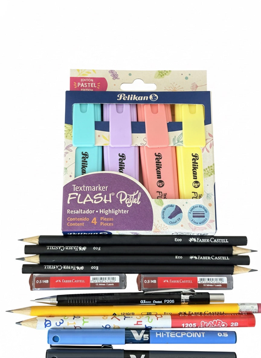 Pack Escolar con Bolígrafos Pilot V5, Destacador Pelikan y Lápices Faber Castell
