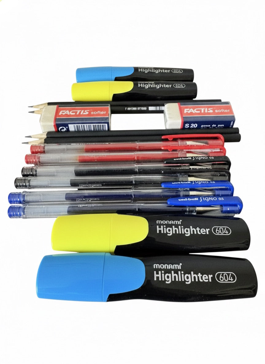 Set Escolar Con Bolígrafos Uniball, Destacadores Monami Y Lápices