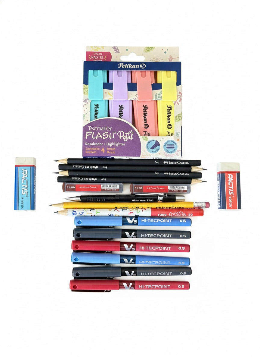 Pack Escolar con Bolígrafos Pilot V5, Destacador Pelikan y Lápices Faber Castell