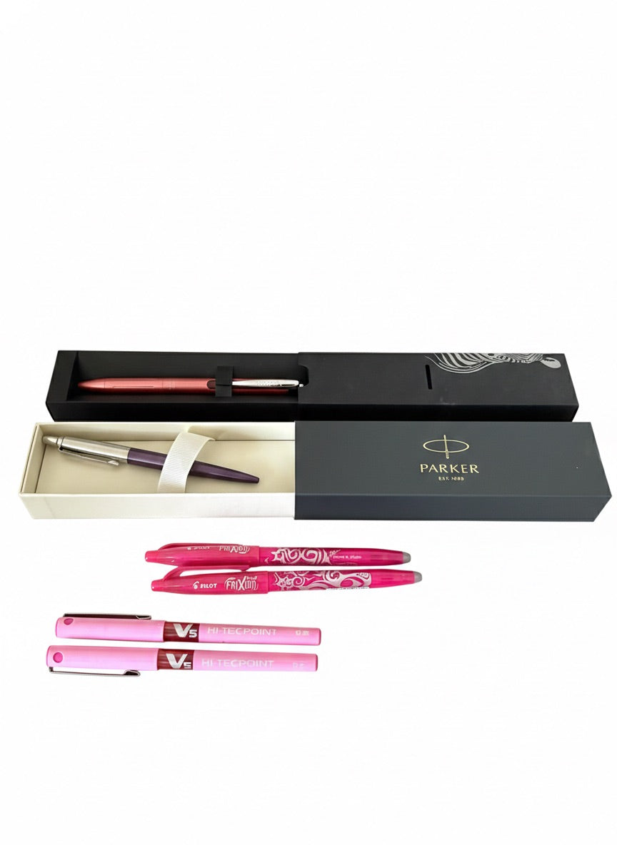 Kit De Bolígrafos Parker Jotter, Zebra Sarasa Grand Rosado Y Pilot Frixion y Hi Tecpoint