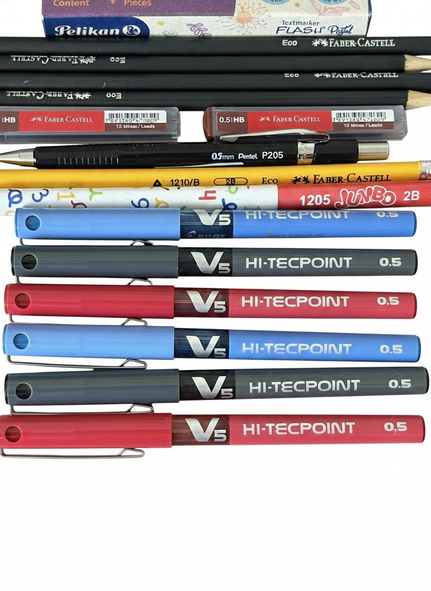 Pack Escolar con Bolígrafos Pilot V5, Destacador Pelikan y Lápices Faber Castell