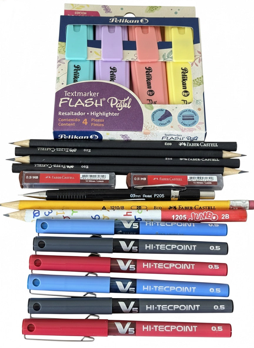 Pack Escolar con Bolígrafos Pilot V5, Destacador Pelikan y Lápices Faber Castell