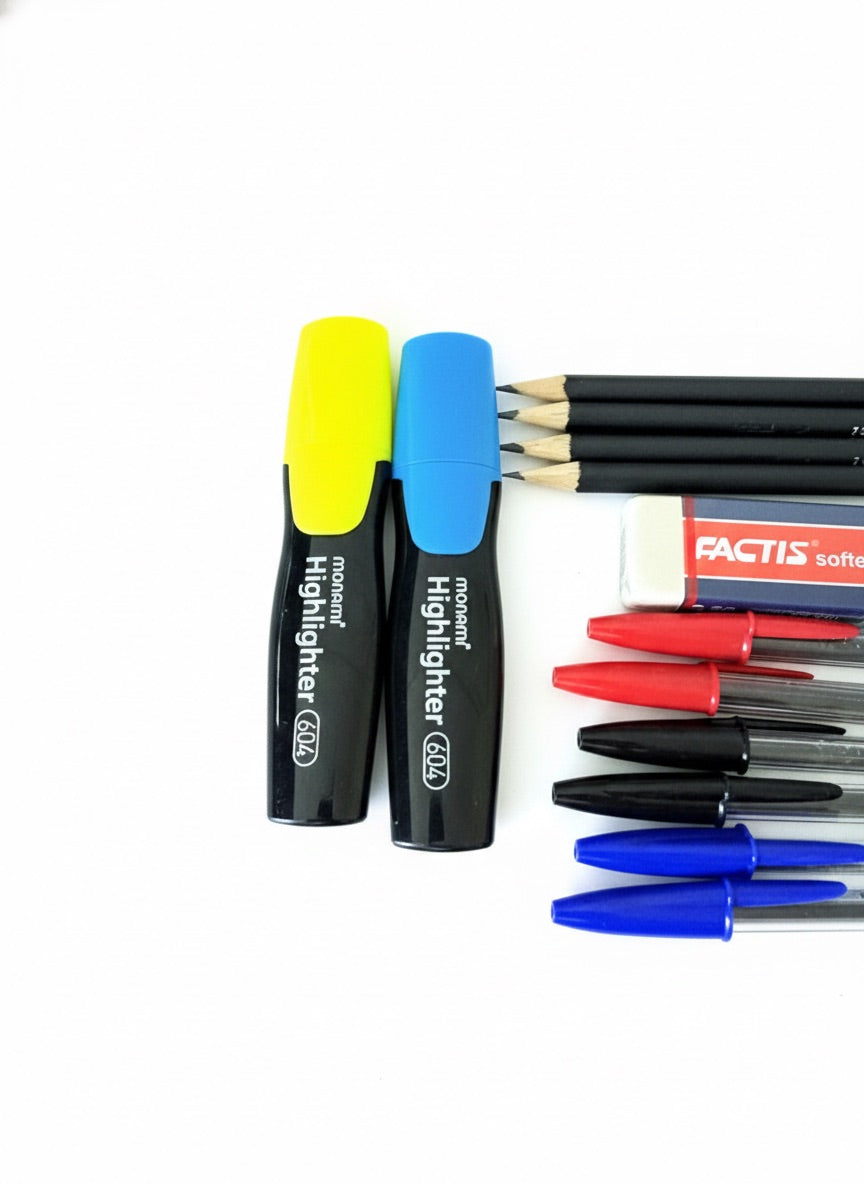 Set Escolar Con Lápices Pasta Bic, Grafito Y Destacadores Monami