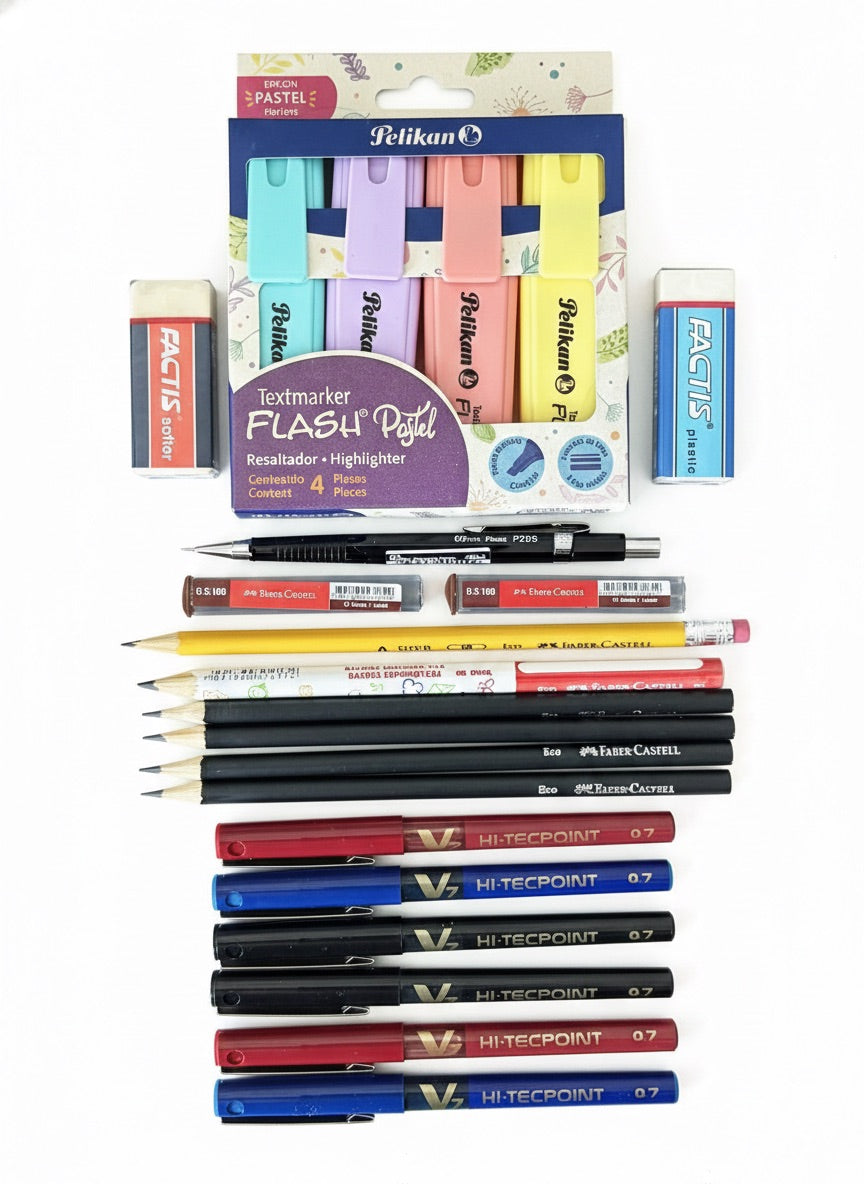 Pack Escolar con Bolígrafos Pilot V7, Destacador Pelikan y Lápices Faber Castell