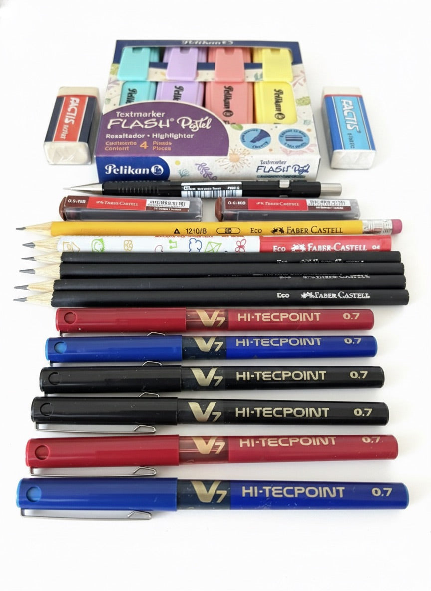 Pack Escolar con Bolígrafos Pilot V7, Destacador Pelikan y Lápices Faber Castell