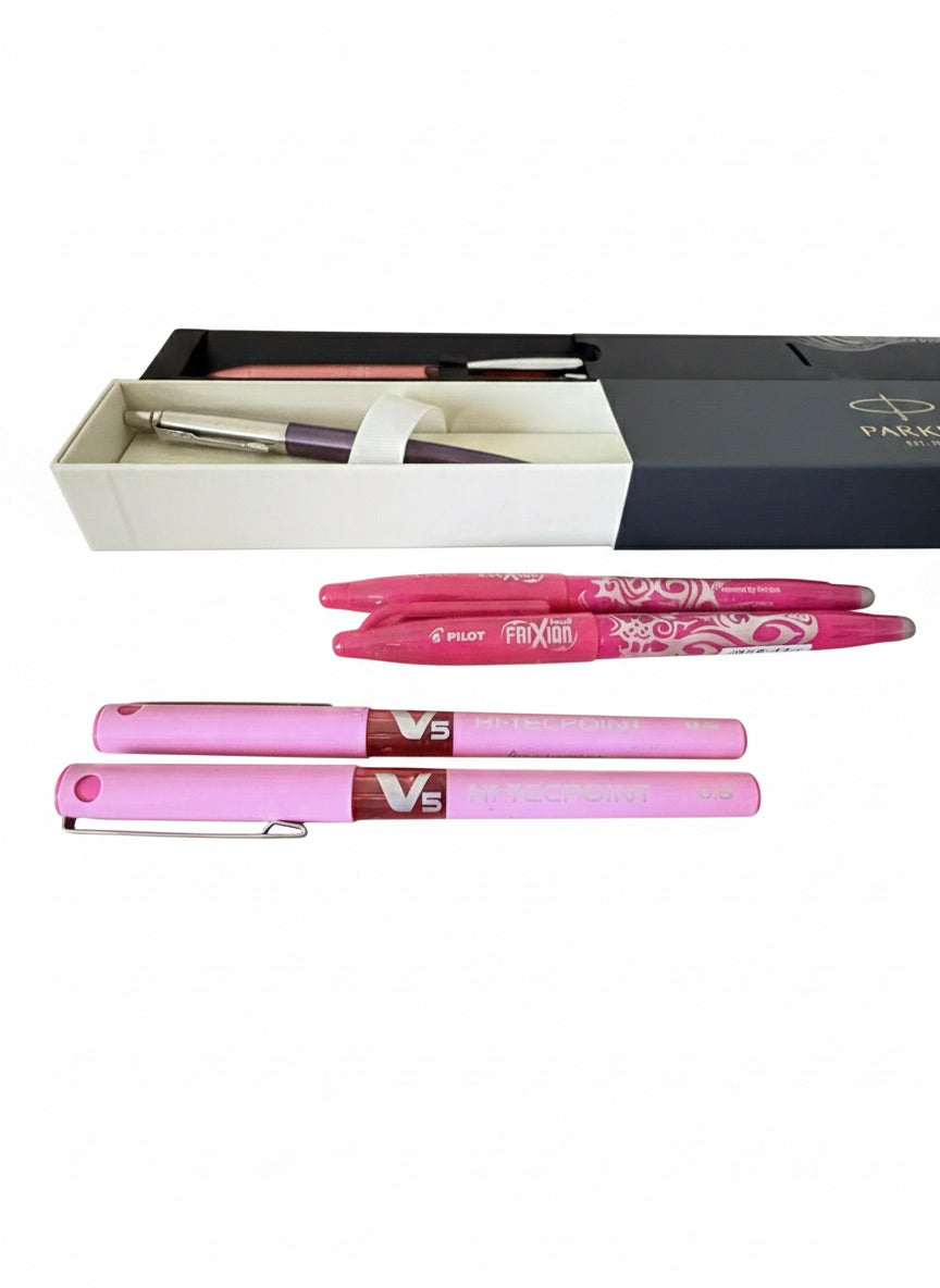 Kit De Bolígrafos Parker Jotter, Zebra Sarasa Grand Rosado Y Pilot Frixion y Hi Tecpoint