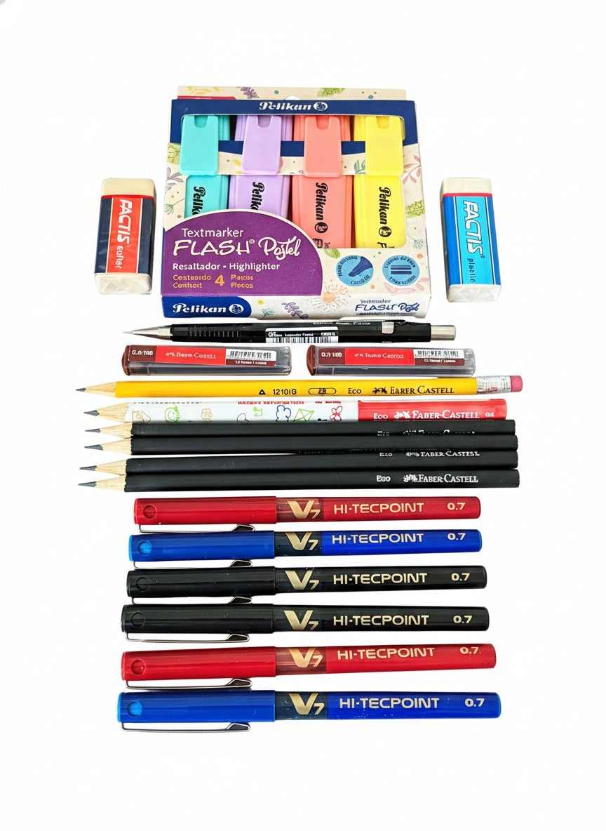 Pack Escolar con Bolígrafos Pilot V7, Destacador Pelikan y Lápices Faber Castell